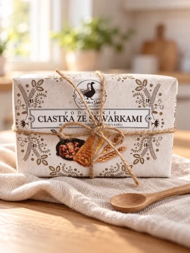 Podlaskie ciastka ze skwarkami 250 g Siedlisko u Gąski w papierowym opakowaniu przewiązanym jutowym sznurkiem