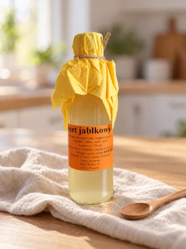 Naturalny ocet jabłkowy 250 ml w szklanej butelce z pomarańczową etykietą, na lnianej ściereczce obok drewnianej łyżki